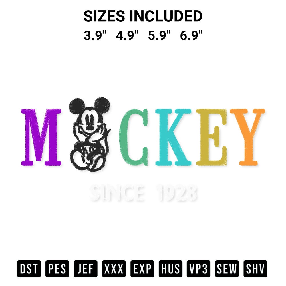 Shop the Mickey Since 1928 Embroidery Design machine embroidery pattern at Designspacks.com. Beautifully digitized for flawless stitching on any fabric. Available sizes: 3.9", 4.9", 5.9", 6.9".