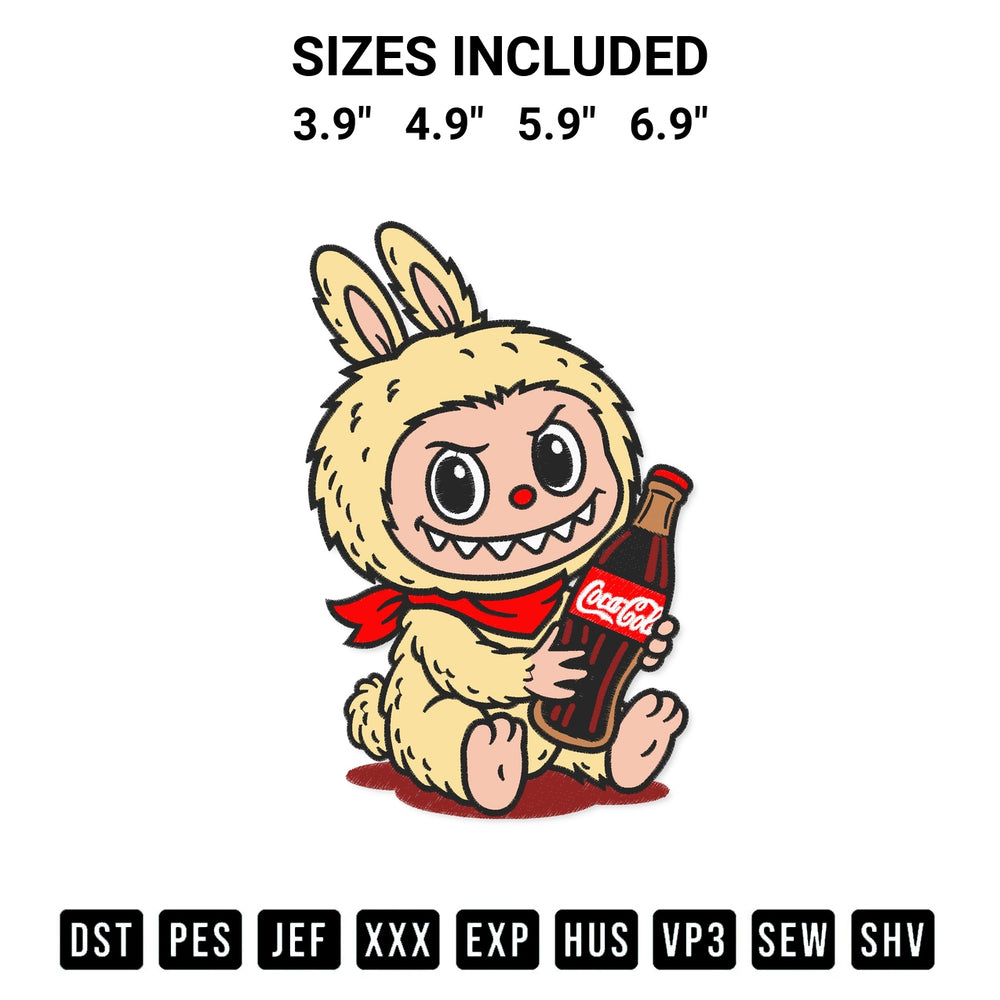 Download the Labubu Holding Coca Cola Bottle Embroidery Design machine embroidery design exclusively at Designspacks.com. Premium digitized pattern for apparel and DIY crafts. Available sizes: 3.9", 4.9", 5.9", 6.9".