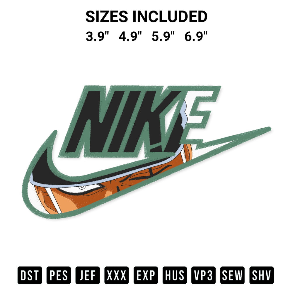 Discover the perfect addition to your crafting collection: One Piece Roronoa Zorro Logo Nike Embroidery Design embroidery file. Instantly available at Designspacks.com. Available sizes: 3.9", 4.9", 5.9", 6.9".