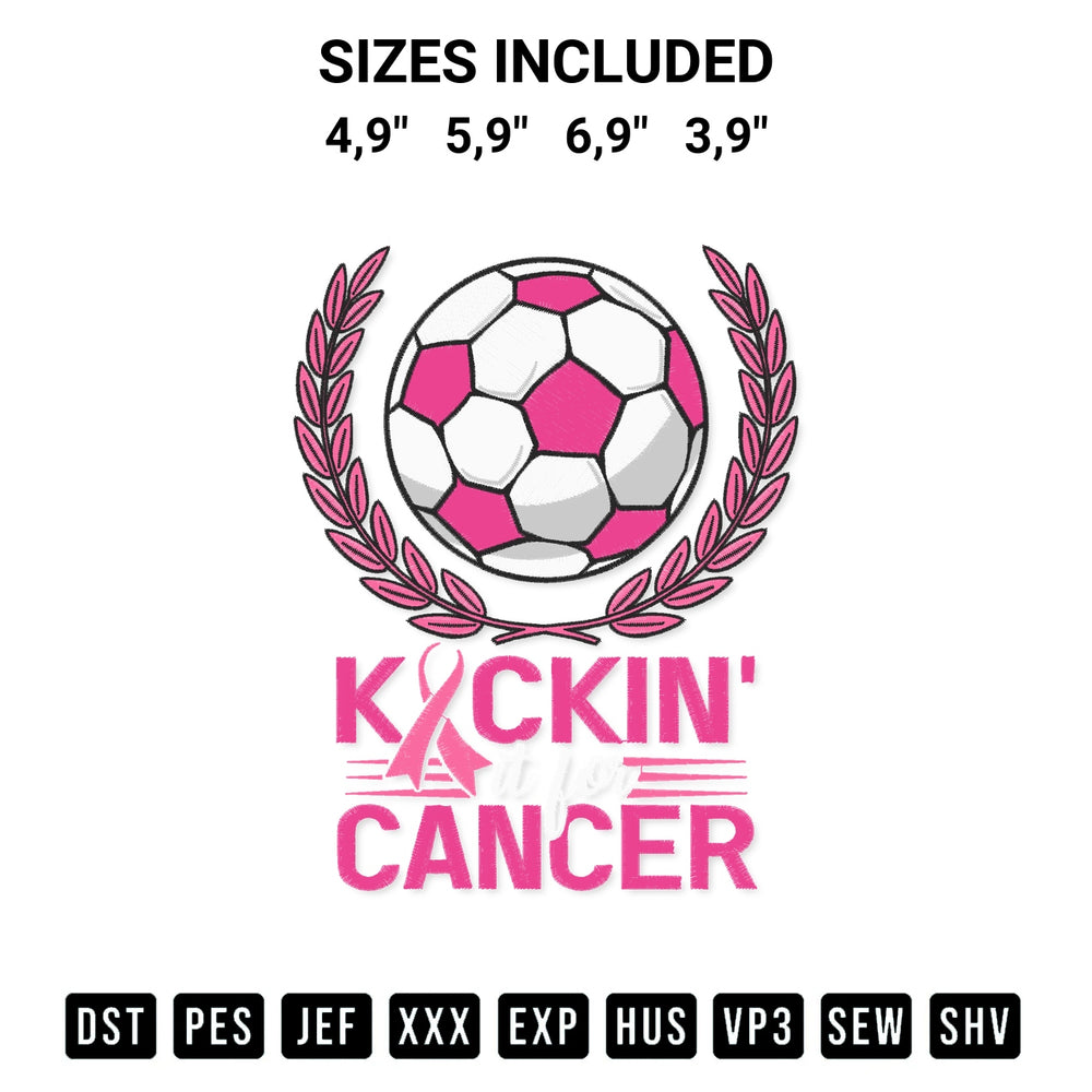 Add a unique touch to your apparel with the Kickin It For Cancer Football Pink Ribbon Breast Cancer Awareness Logo Embroidery Design embroidery file. Premium instant download available now on Designspacks.com. Available sizes: 4,9", 5,9", 6,9", 3,9".