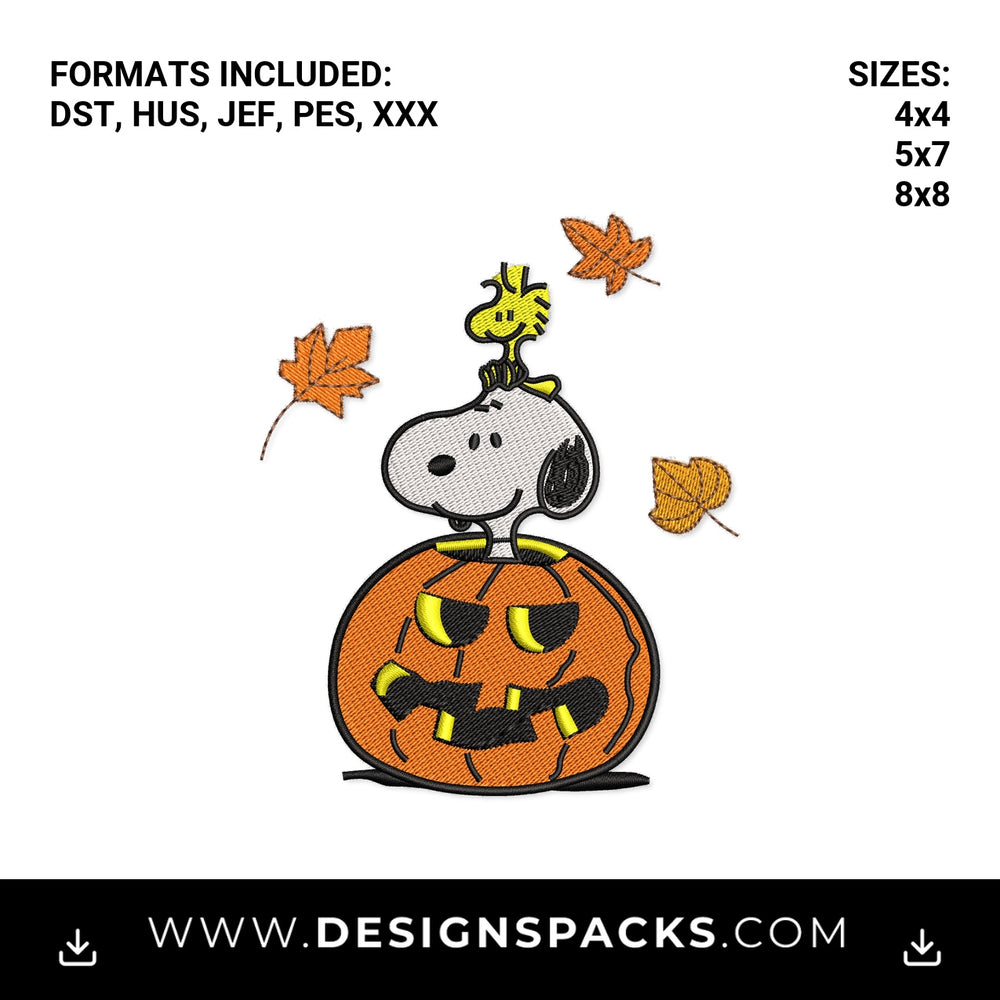 Snoopy & Woodstock Halloween Pumpkin Embroidery Design - Instant digital download pattern at Designspacks.com