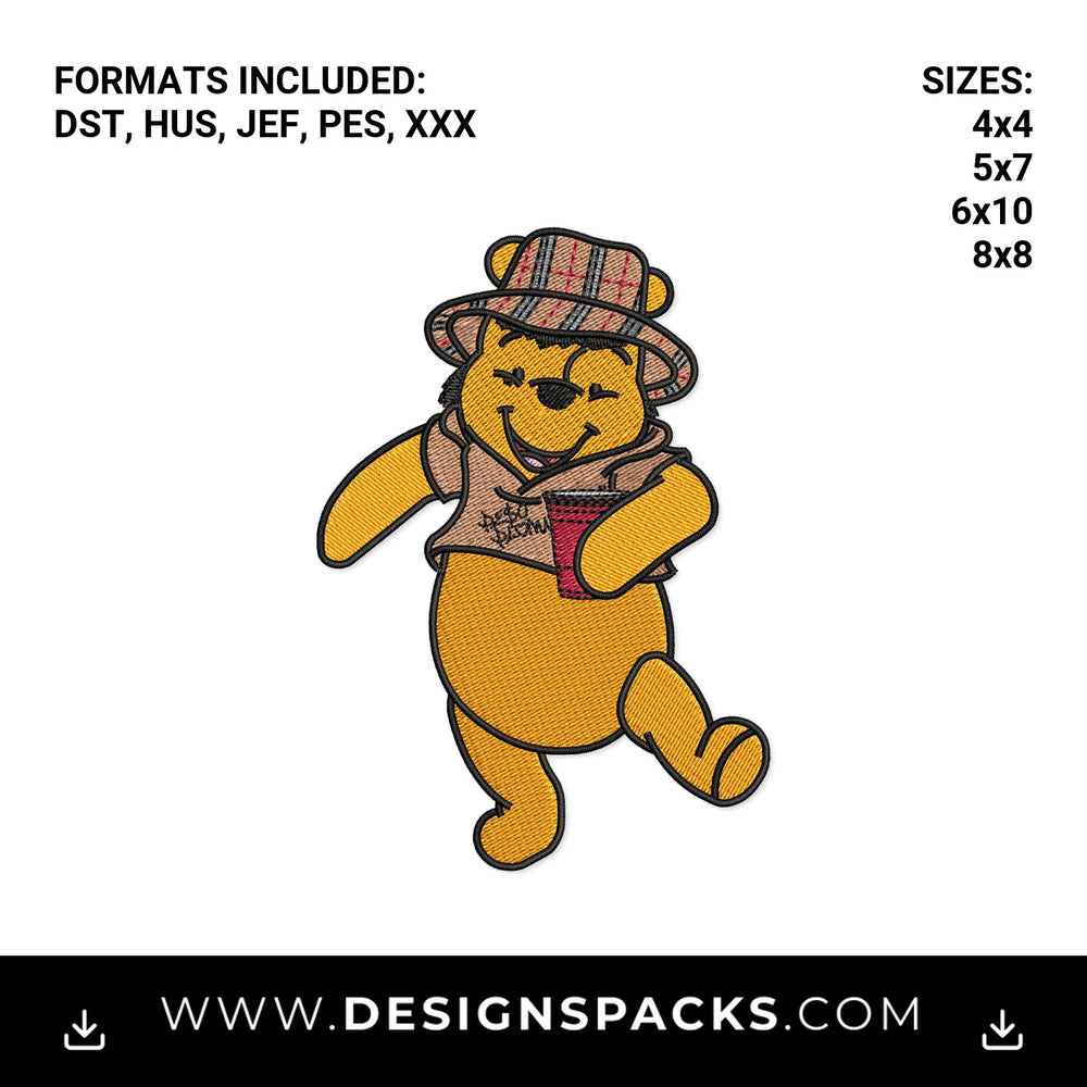 Party Bear in Plaid Hat with Red Cup Embroidery Design - Instant digital download pattern at Designspacks.com