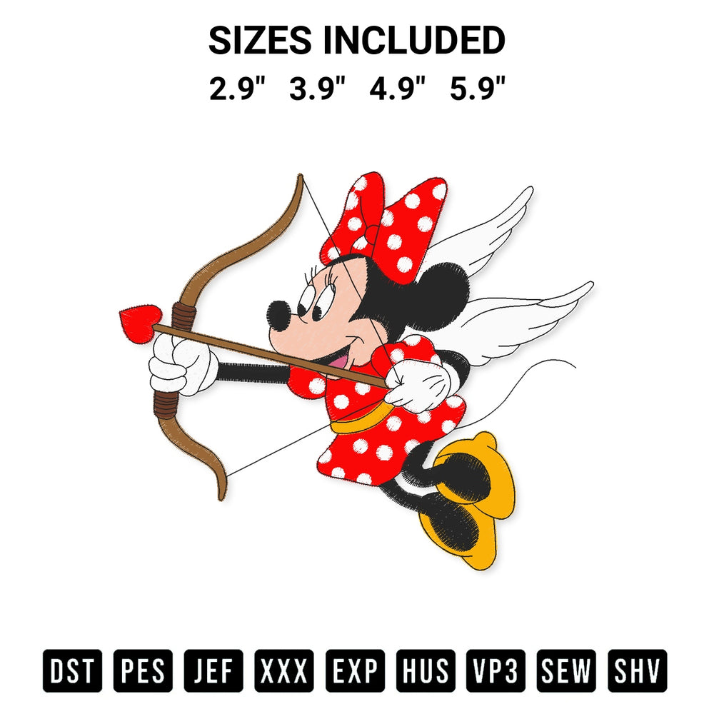 Download the Cupid Minnie Mouse Embroidery Design machine embroidery design exclusively at Designspacks.com. Premium digitized pattern for apparel and DIY crafts. Available sizes: 2.9", 3.9", 4.9", 5.9".