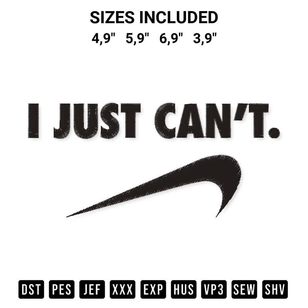Elevate your next project with our Nike Just Cant Logo Embroidery Design embroidery file. Shop high-quality digital patterns instantly at Designspacks.com. Available sizes: 4,9", 5,9", 6,9", 3,9".