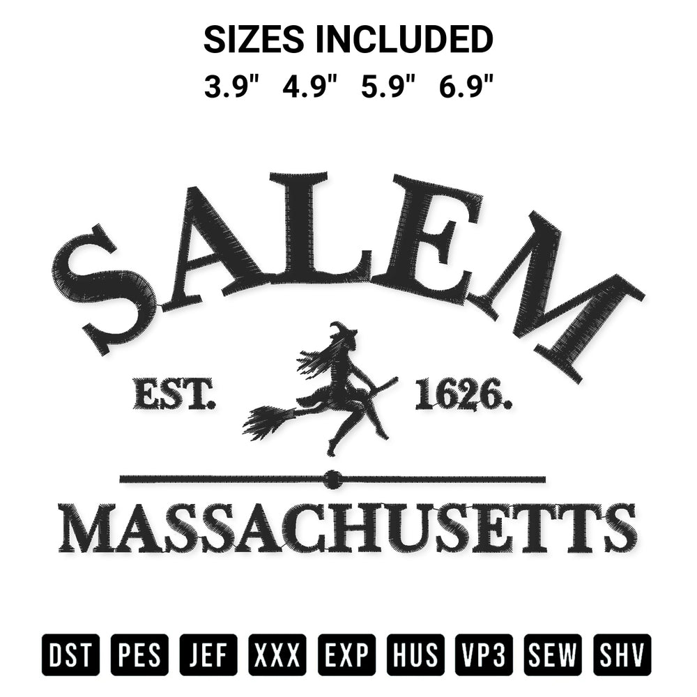 Stitch like a pro with the Salem Est 1626 Embroidery Design embroidery pattern from Designspacks.com. High-quality digital machine embroidery file. Available sizes: 3.9", 4.9", 5.9", 6.9".
