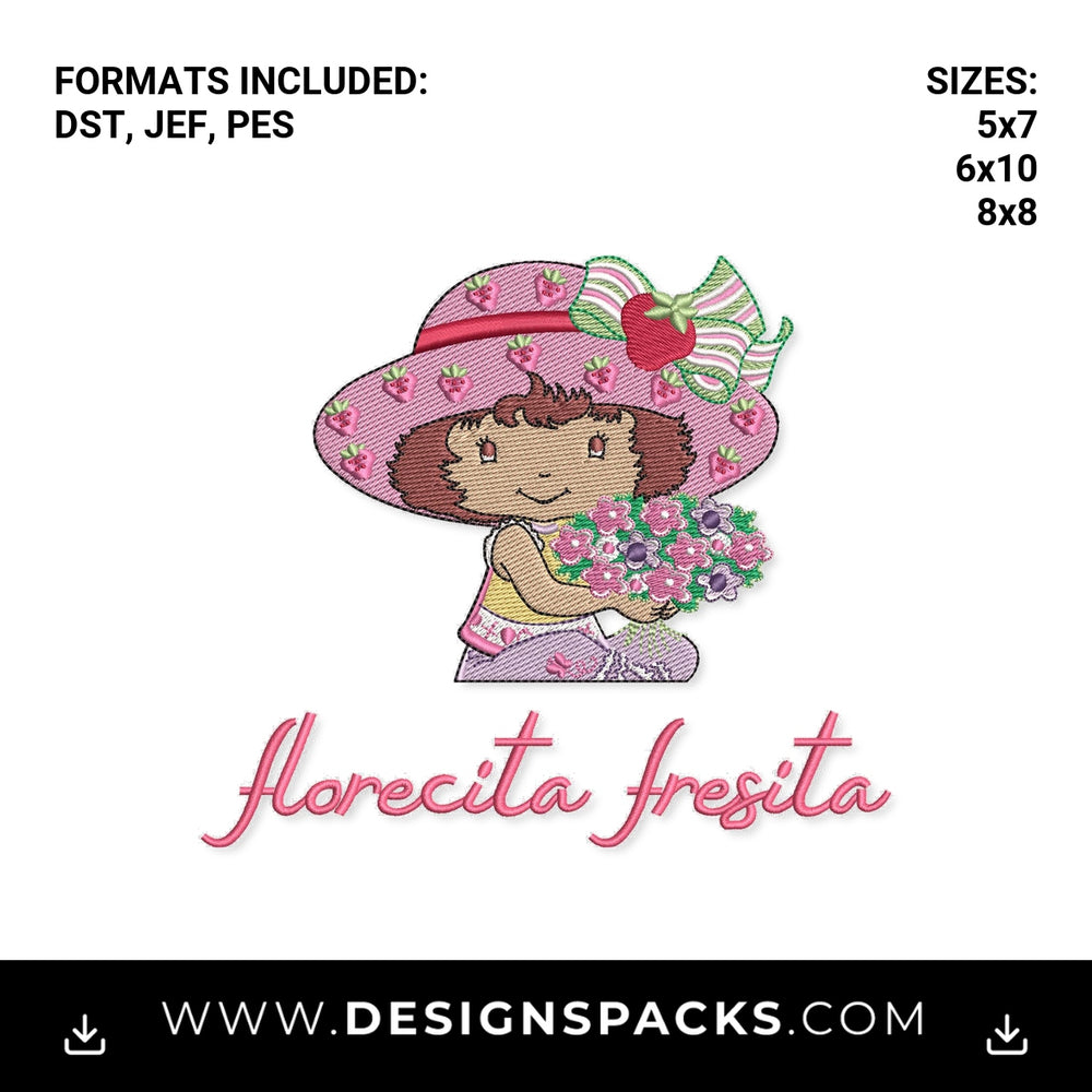 Florecita Fresita Strawberry Girl Embroidery Design - Instant digital download pattern at Designspacks.com