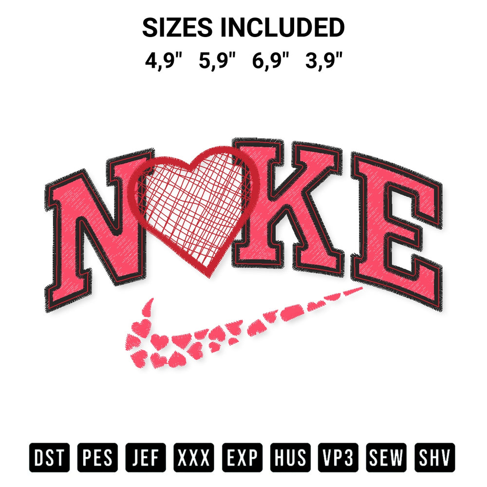 Elevate your next project with our Valentines Nike Embroidery Design embroidery file. Shop high-quality digital patterns instantly at Designspacks.com. Available sizes: 4,9", 5,9", 6,9", 3,9".