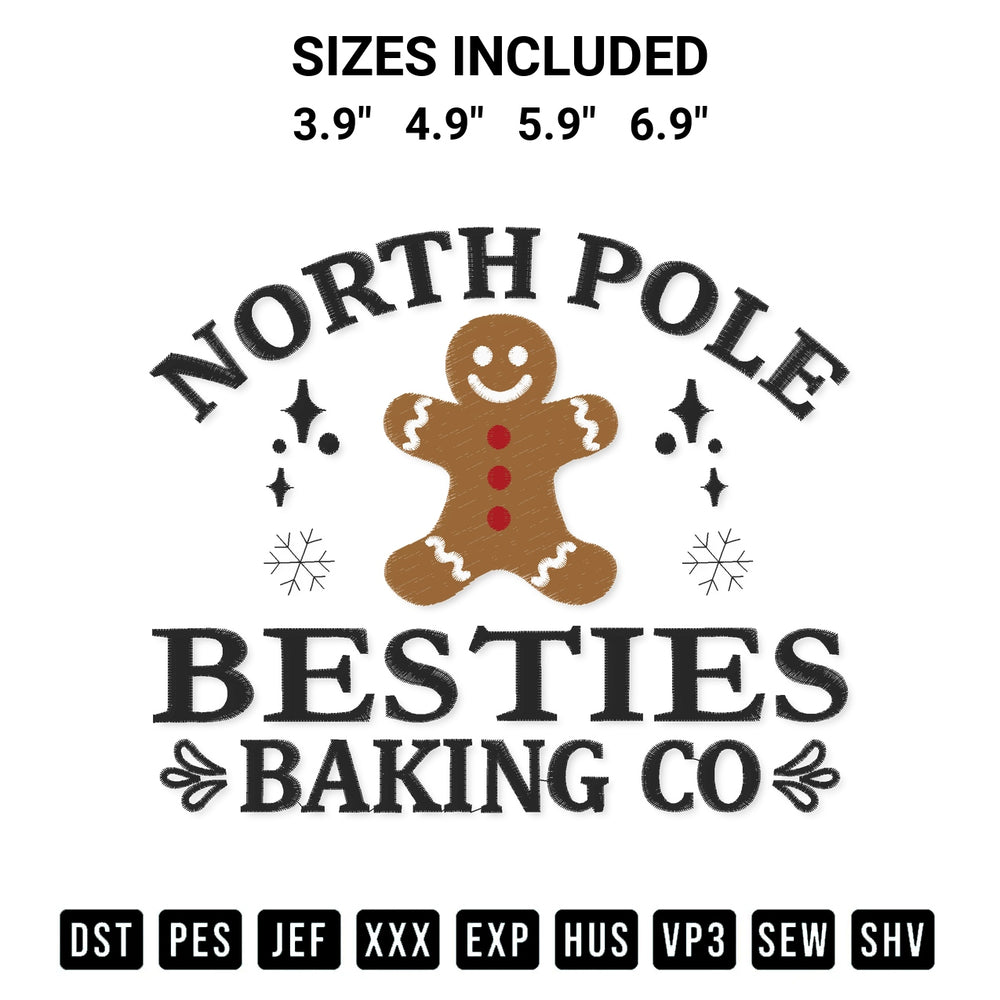 Discover the perfect addition to your crafting collection: North Pole Besties Baking Co Embroidery Design embroidery file. Instantly available at Designspacks.com. Available sizes: 3.9", 4.9", 5.9", 6.9".