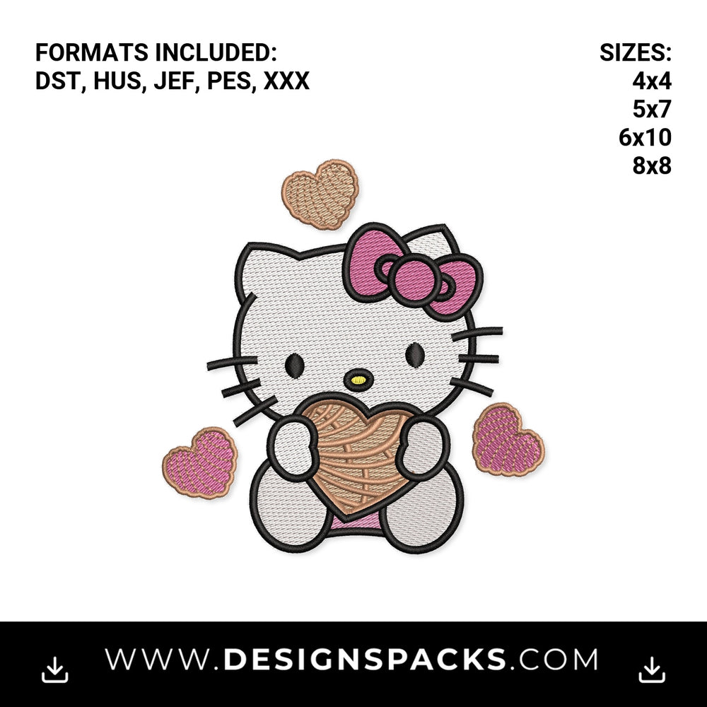 Cute Kitty Holding Heart Concha Pan Dulce Embroidery Design - Instant digital download pattern at Designspacks.com