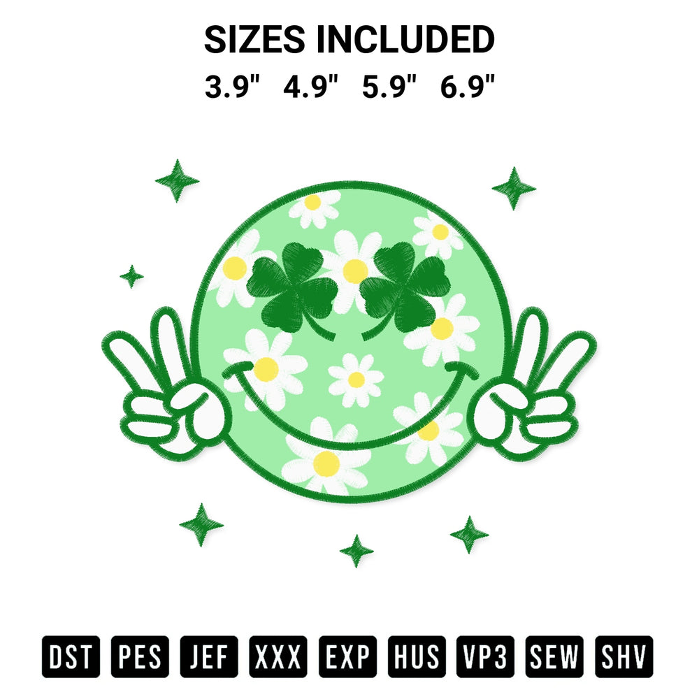 Add a unique touch to your apparel with the Shamrock Smiley Face Embroidery Design embroidery file. Premium instant download available now on Designspacks.com. Available sizes: 3.9", 4.9", 5.9", 6.9".