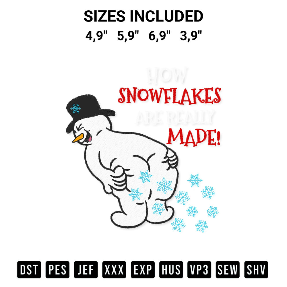 Add a unique touch to your apparel with the Snowman How Snowflakes Are Really Made Funny Christmas Costume Embroidery Design embroidery file. Premium instant download available now on Designspacks.com. Available sizes: 4,9", 5,9", 6,9", 3,9".