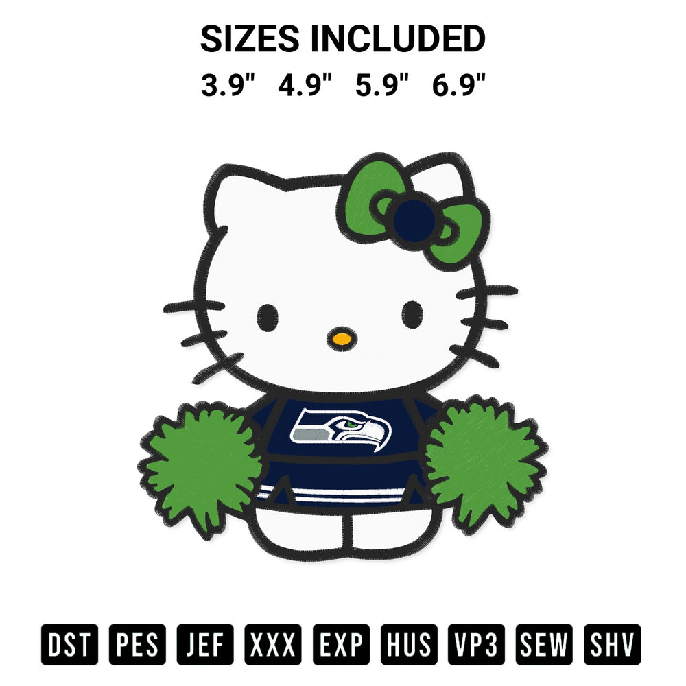 Stitch like a pro with the Seattle Seahawks Hello Kitty Cheerleader Embroidery Design embroidery pattern from Designspacks.com. High-quality digital machine embroidery file. Available sizes: 3.9", 4.9", 5.9", 6.9".