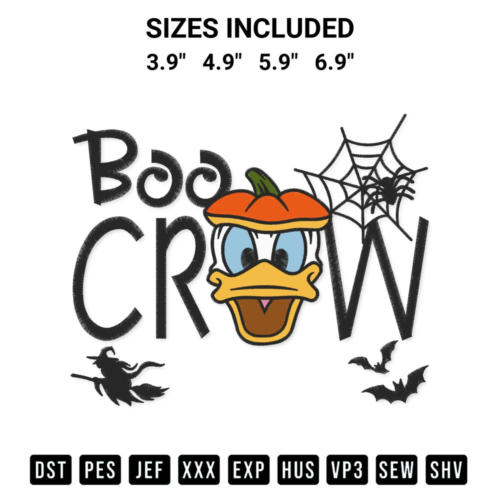 Shop the Donald Duck Boo Crew Pumpkin Embroidery Design machine embroidery pattern at Designspacks.com. Beautifully digitized for flawless stitching on any fabric. Available sizes: 3.9", 4.9", 5.9", 6.9".