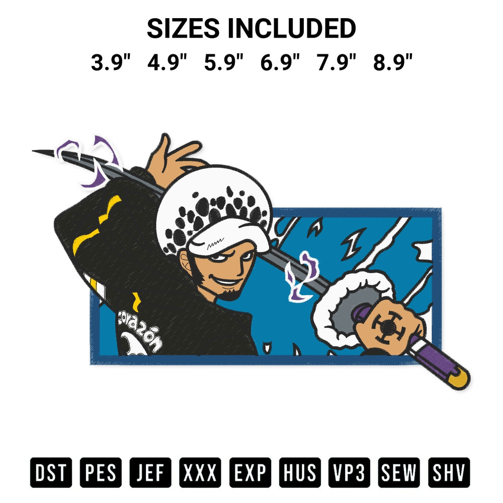 Discover the perfect addition to your crafting collection: One Piece Trafalgar Law Embroidery Design embroidery file. Instantly available at Designspacks.com. Available sizes: 3.9", 4.9", 5.9", 6.9", 7.9", 8.9".