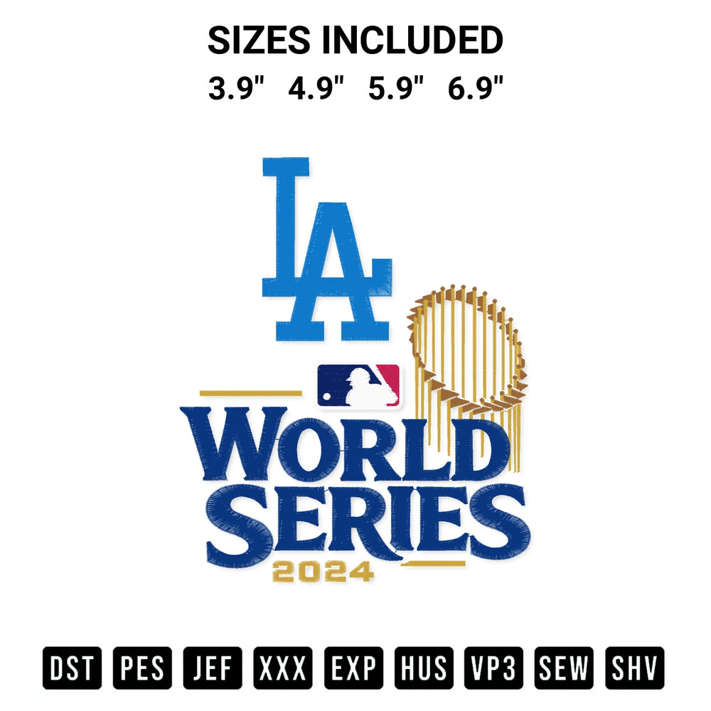 Discover the perfect addition to your crafting collection: Los Angeles Dodgers World Series 2024 Embroidery Design embroidery file. Instantly available at Designspacks.com. Available sizes: 3.9", 4.9", 5.9", 6.9".