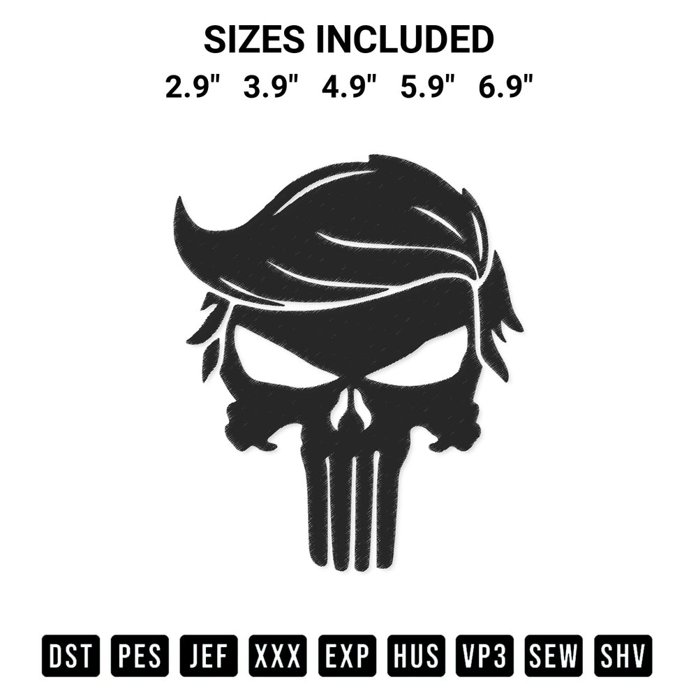 Get the Trump Punisher Skull Embroidery Design embroidery design for your custom crafts! Premium digitized files available for instant download at Designspacks.com. Available sizes: 2.9", 3.9", 4.9", 5.9", 6.9".