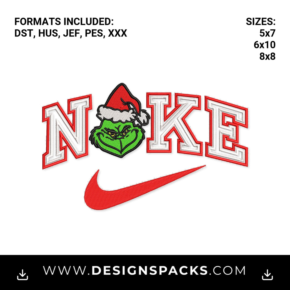 Christmas Grinch Nike Swoosh Embroidery Design - Instant digital download pattern at Designspacks.com