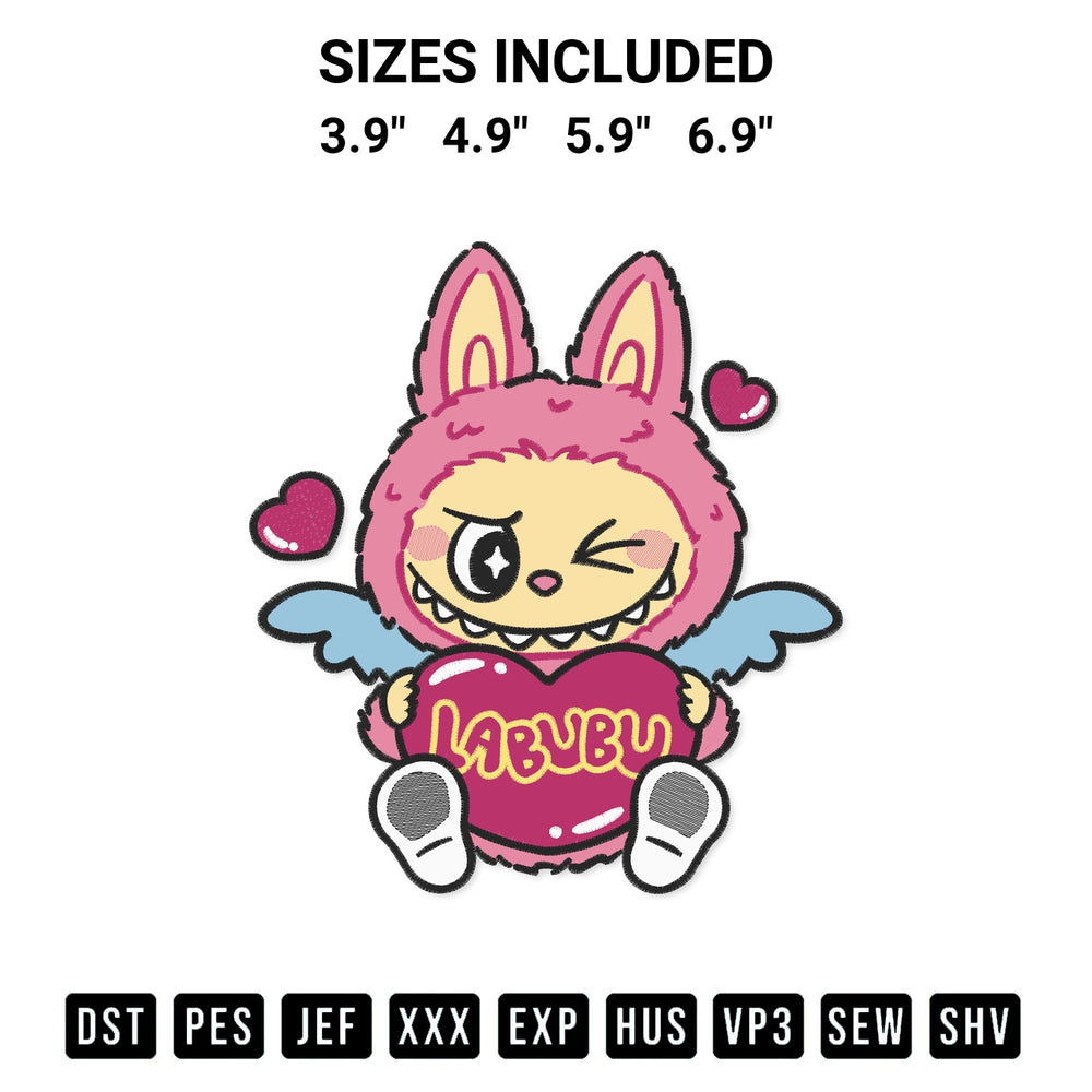 Stitch like a pro with the Labubu Angel Hug Heart Embroidery Design embroidery pattern from Designspacks.com. High-quality digital machine embroidery file. Available sizes: 3.9", 4.9", 5.9", 6.9".