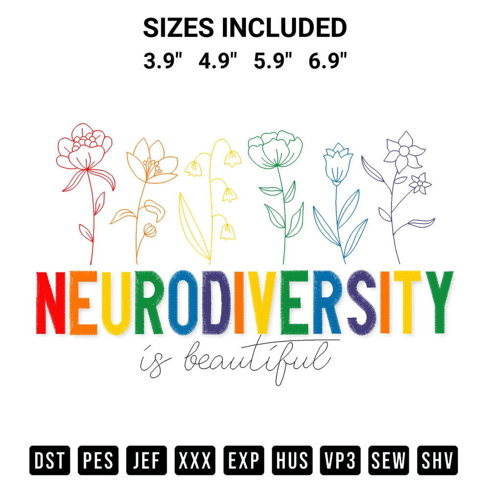 Transform your fabrics with the Neurodiversity Is Beautiful Autism Awareness Embroidery Design embroidery design. Instant access to premium digitized patterns at Designspacks.com. Available sizes: 3.9", 4.9", 5.9", 6.9".