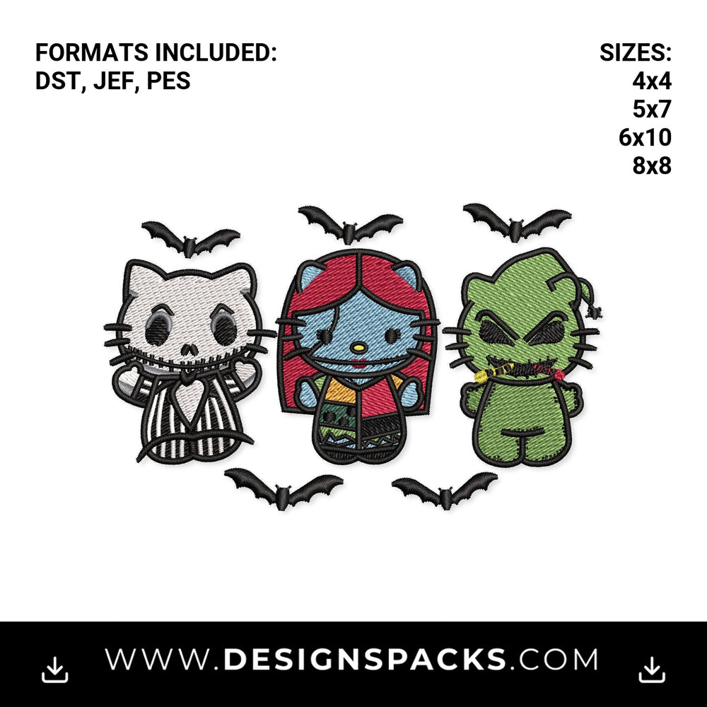 Halloween Kitty Jack Sally Oogie Boogie Embroidery Design - Instant digital download pattern at Designspacks.com