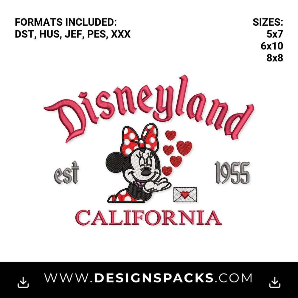 Minnie Mouse Disneyland California Est 1955 Embroidery Design - Instant digital download pattern at Designspacks.com