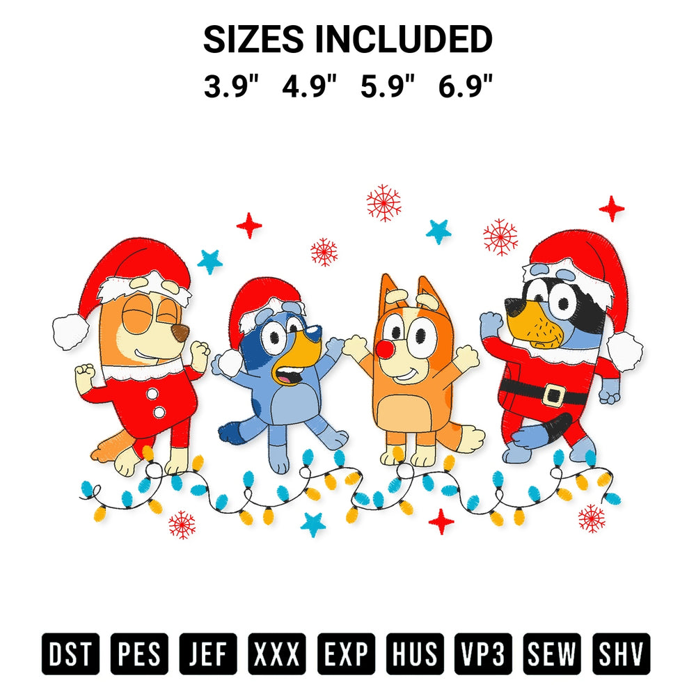 Add a unique touch to your apparel with the Bluey Family Celebrating Christmas Embroidery Design embroidery file. Premium instant download available now on Designspacks.com. Available sizes: 3.9", 4.9", 5.9", 6.9".