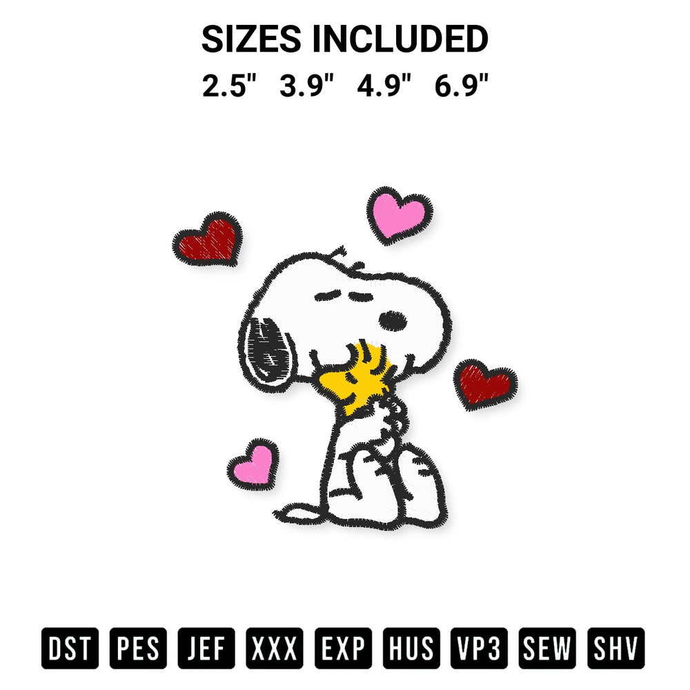 Download the Snoopy Hug Woodstock Valentine Embroidery Design machine embroidery design exclusively at Designspacks.com. Premium digitized pattern for apparel and DIY crafts. Available sizes: 2.5", 3.9", 4.9", 6.9".