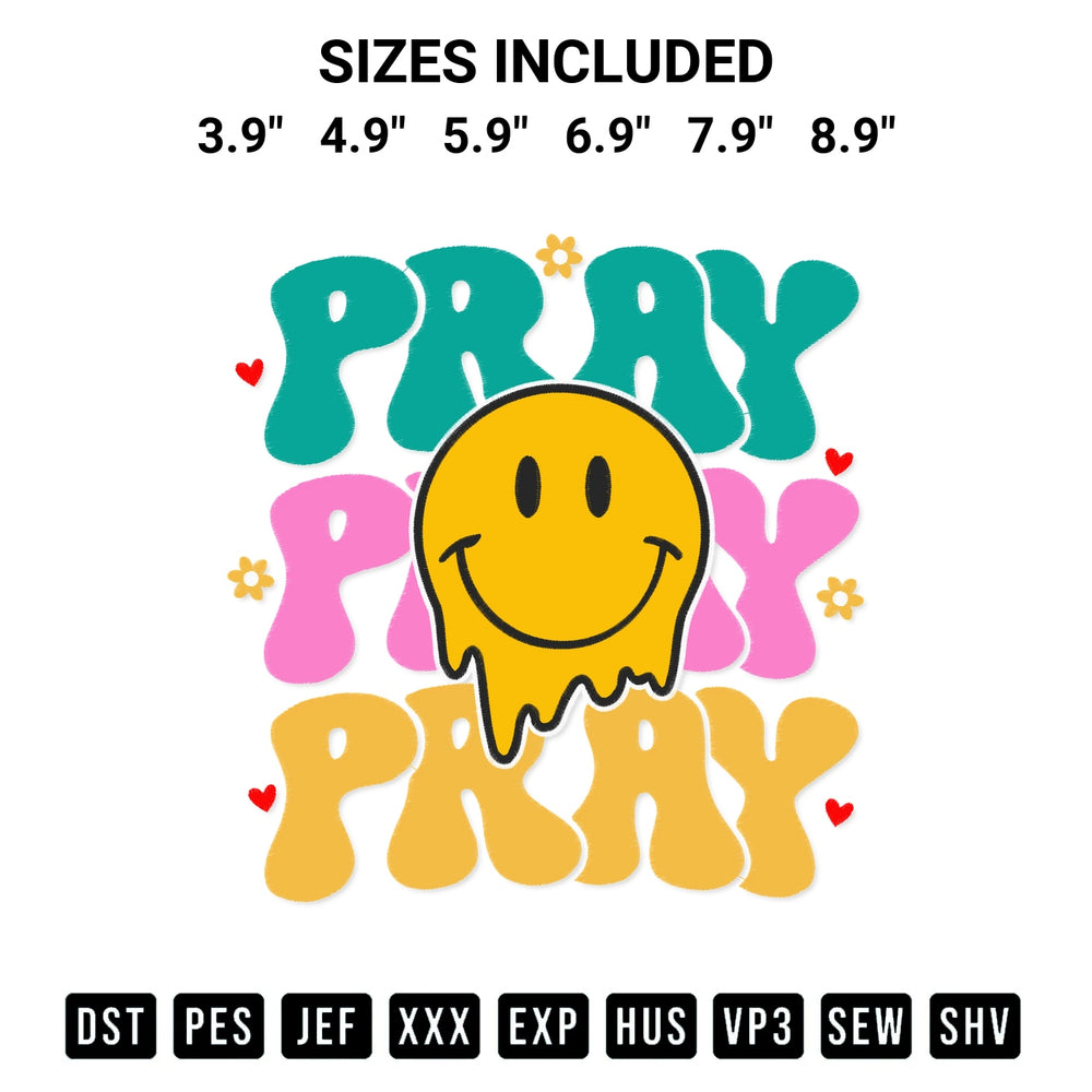 Stitch like a pro with the Pray Smiley Face Dripping Embroidery Design embroidery pattern from Designspacks.com. High-quality digital machine embroidery file. Available sizes: 3.9", 4.9", 5.9", 6.9", 7.9", 8.9".