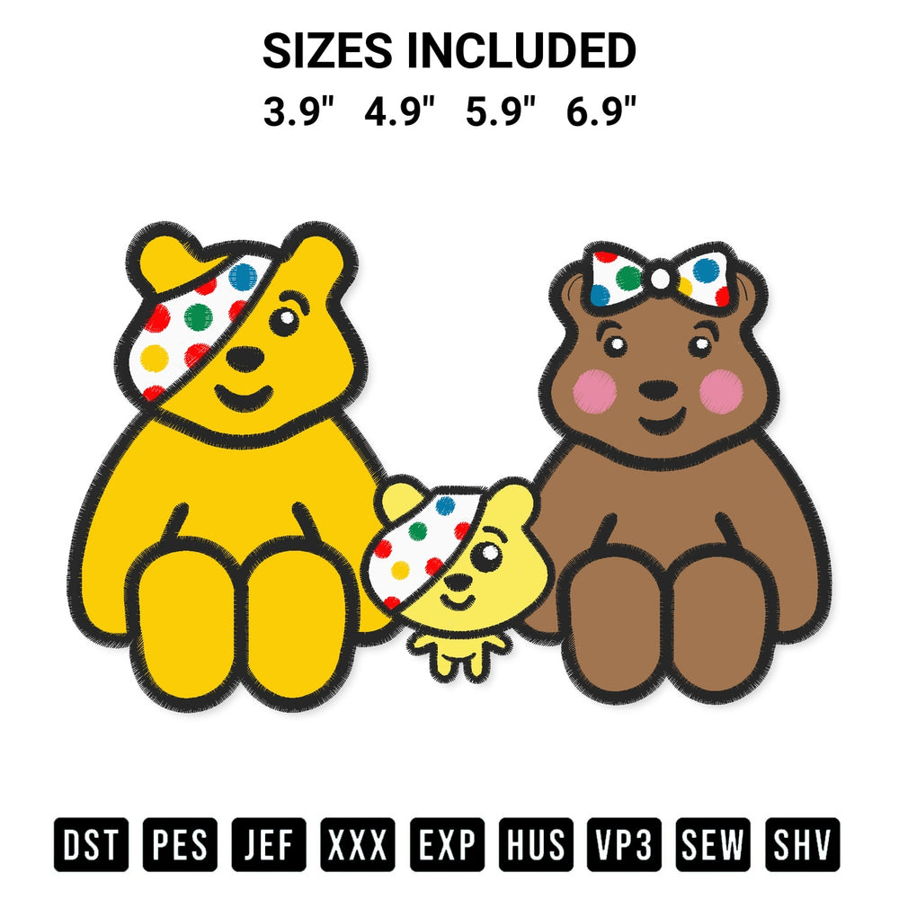 Looking for the perfect pattern? Download the Pudsey Family Embroidery Design embroidery design today at Designspacks.com. Crisp, clean stitching guaranteed. Available sizes: 3.9", 4.9", 5.9", 6.9".