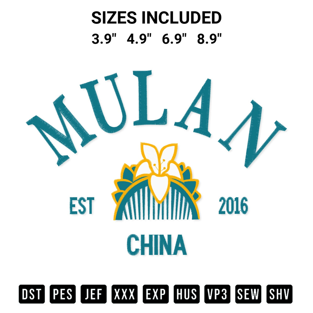 Download the Mulan Est 2016 China Embroidery Design machine embroidery design exclusively at Designspacks.com. Premium digitized pattern for apparel and DIY crafts. Available sizes: 3.9", 4.9", 6.9", 8.9".