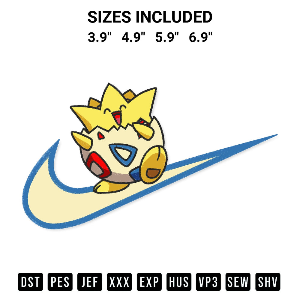 Create amazing crafts with the Swoosh Togepi Embroidery Design embroidery file. High-quality digital download from Designspacks.com, perfect for beginners and pros. Available sizes: 3.9", 4.9", 5.9", 6.9".