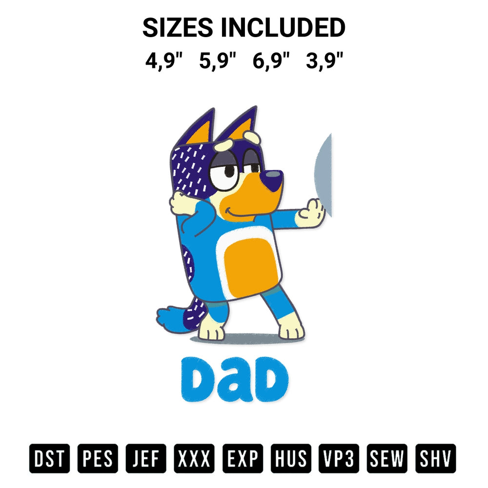 Elevate your next project with our Bluey Dad Logo Embroidery Design embroidery file. Shop high-quality digital patterns instantly at Designspacks.com. Available sizes: 4,9", 5,9", 6,9", 3,9".