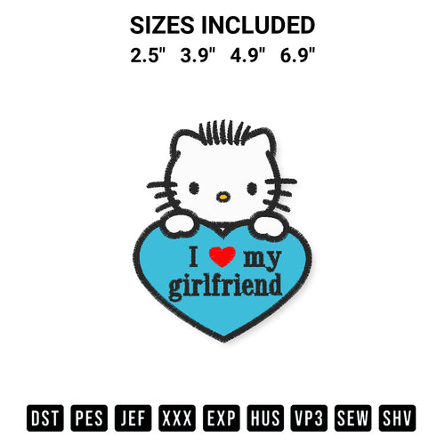 Add a unique touch to your apparel with the I Love My Girlfriend Hello Kitty Embroidery Design embroidery file. Premium instant download available now on Designspacks.com. Available sizes: 2.5