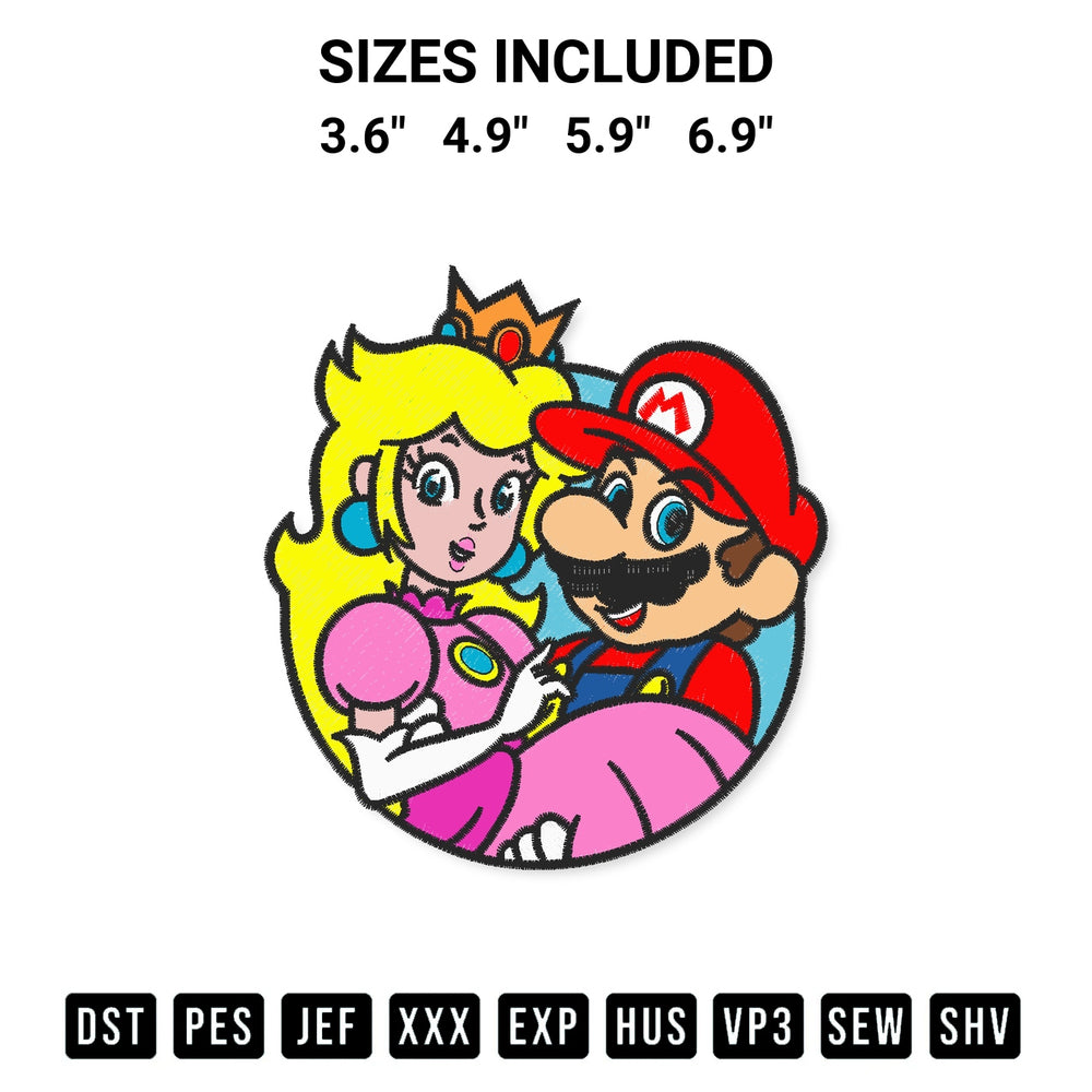 Get the Super Mario And Princess Peach Embroidery Design embroidery design for your custom crafts! Premium digitized files available for instant download at Designspacks.com. Available sizes: 3.6", 4.9", 5.9", 6.9".