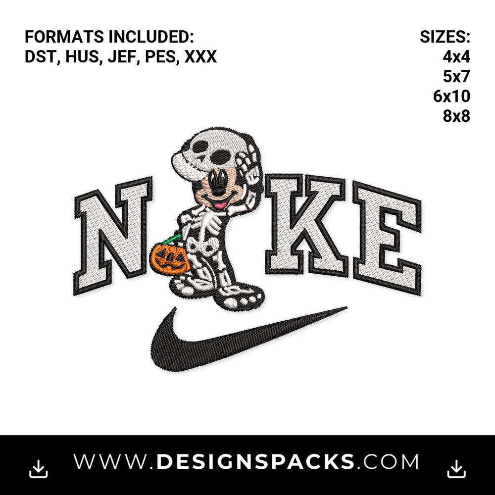 Halloween Mickey Skeleton Swoosh Embroidery Design - Instant digital download pattern at Designspacks.com