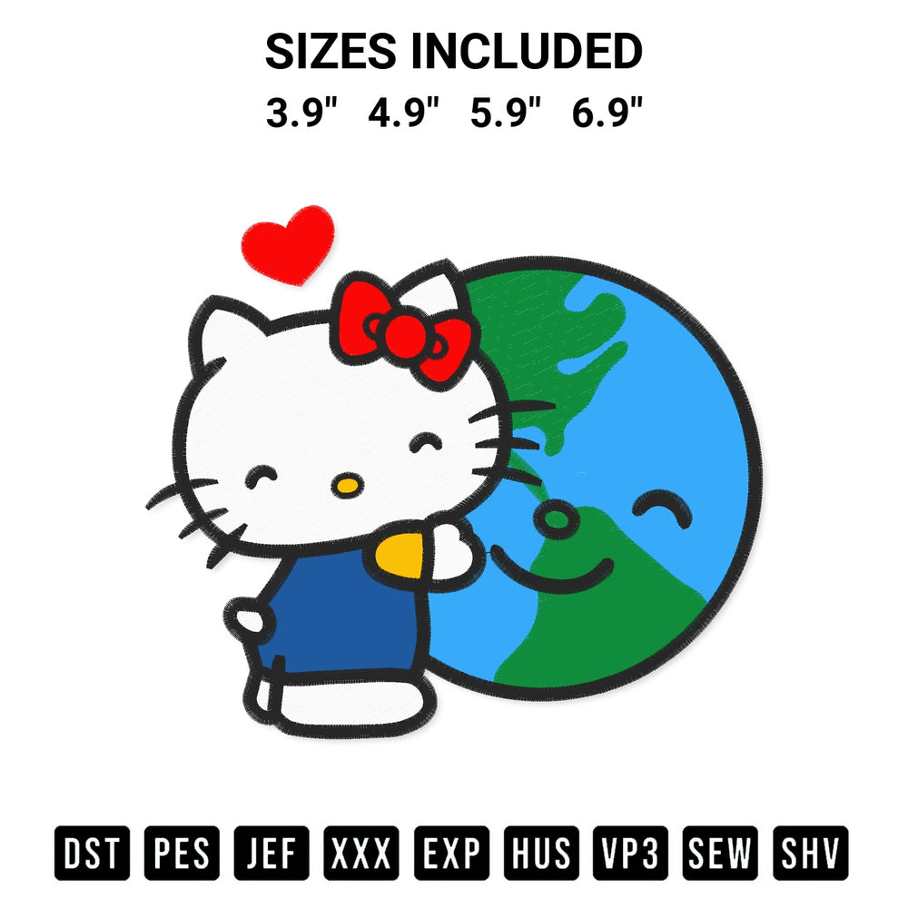 Stitch like a pro with the Hello Kitty Hugging Earth Embroidery Design embroidery pattern from Designspacks.com. High-quality digital machine embroidery file. Available sizes: 3.9", 4.9", 5.9", 6.9".