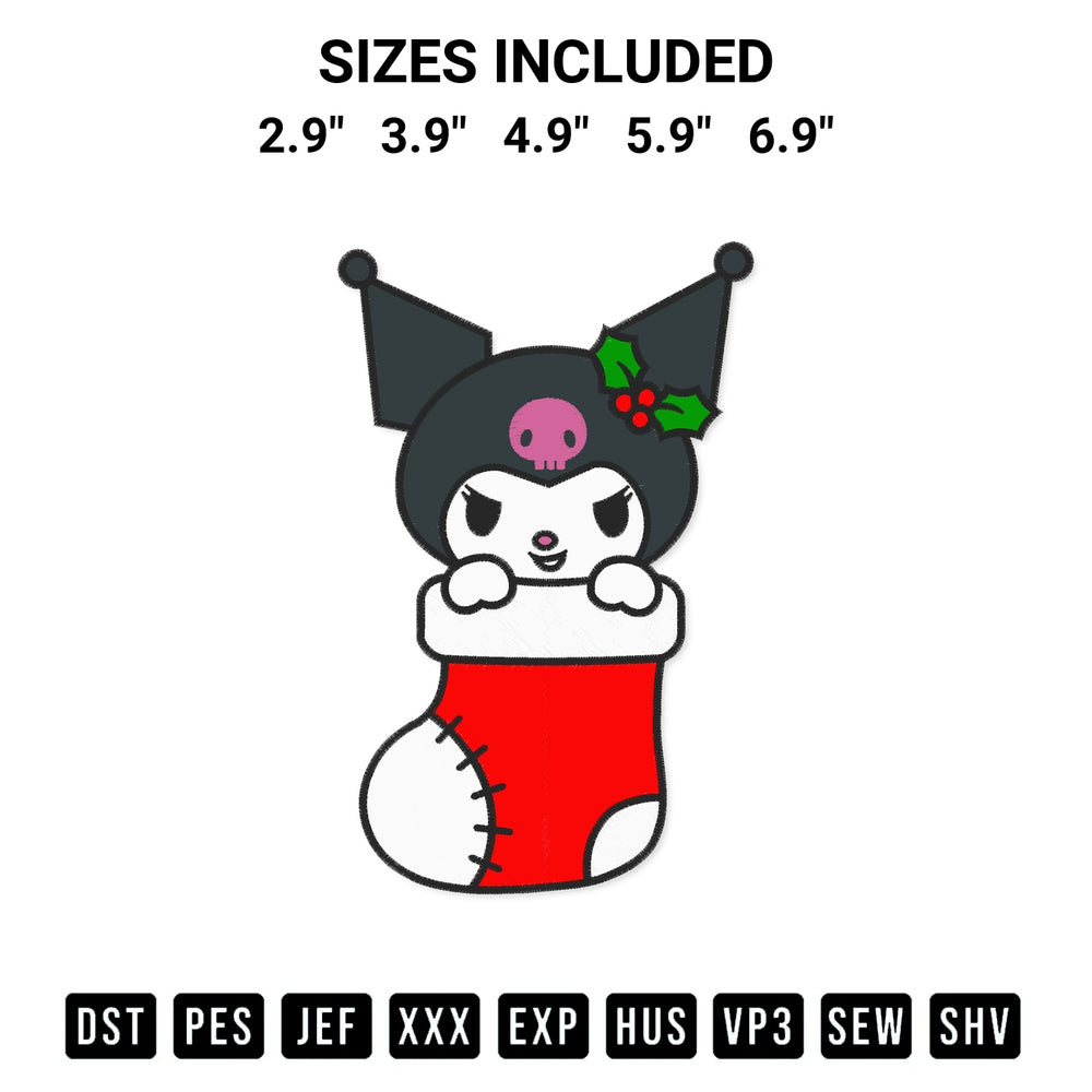 Stitch like a pro with the Kuromi In Stocking Christmas Embroidery Design embroidery pattern from Designspacks.com. High-quality digital machine embroidery file. Available sizes: 2.9", 3.9", 4.9", 5.9", 6.9".