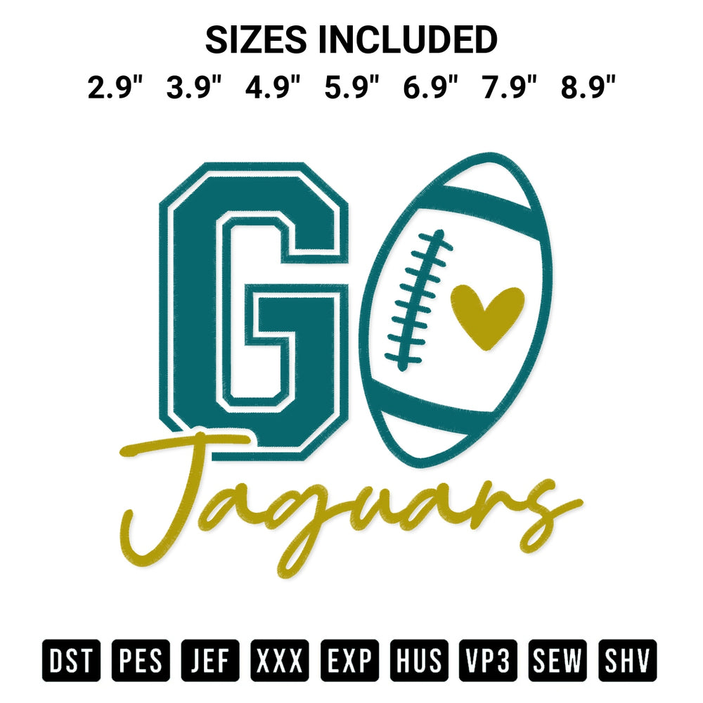 Looking for the perfect pattern? Download the Go Jaguars Football Embroidery Design embroidery design today at Designspacks.com. Crisp, clean stitching guaranteed. Available sizes: 2.9", 3.9", 4.9", 5.9", 6.9", 7.9", 8.9".