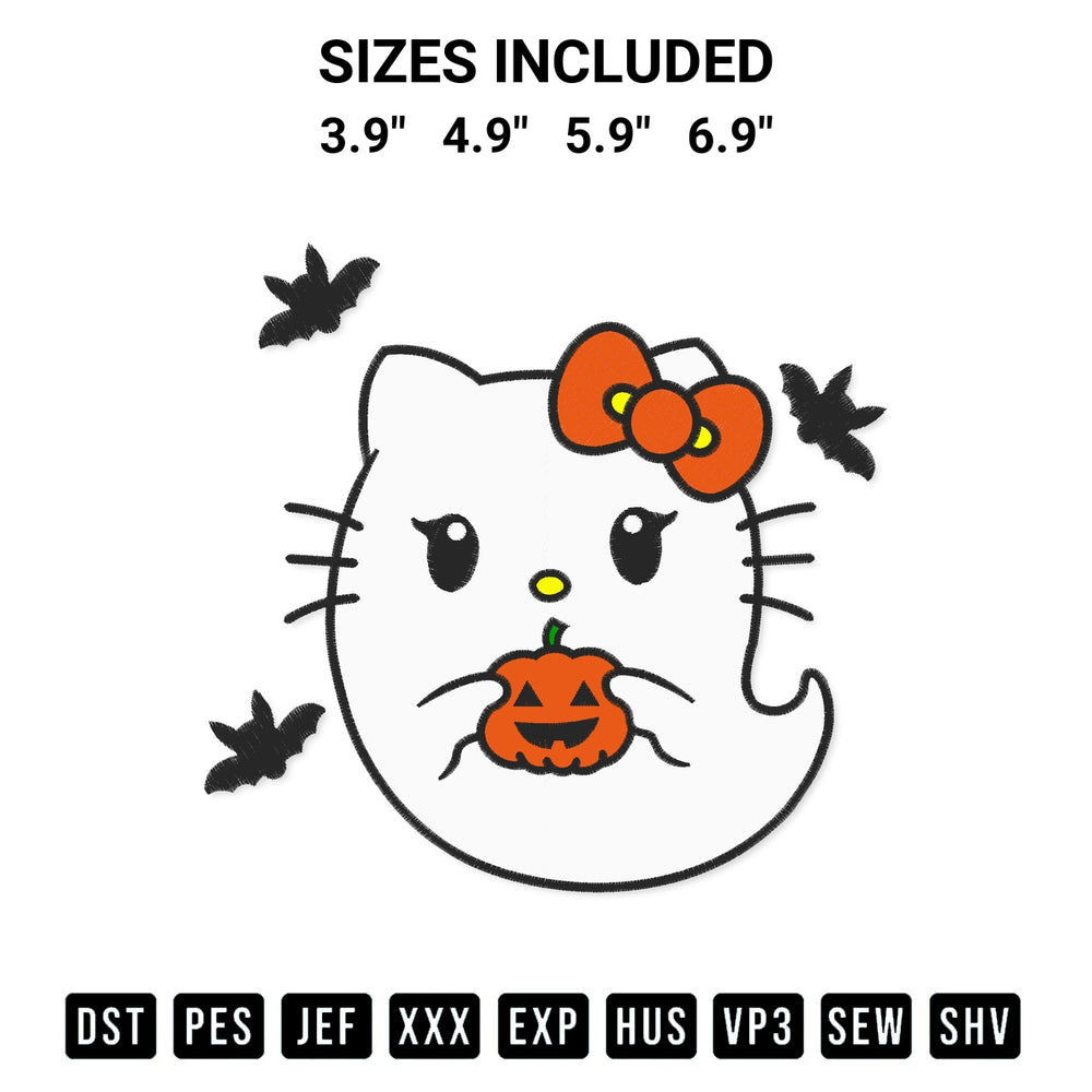 Download the Kitty Boo Ghost Pumpkin Embroidery Design machine embroidery design exclusively at Designspacks.com. Premium digitized pattern for apparel and DIY crafts. Available sizes: 3.9", 4.9", 5.9", 6.9".