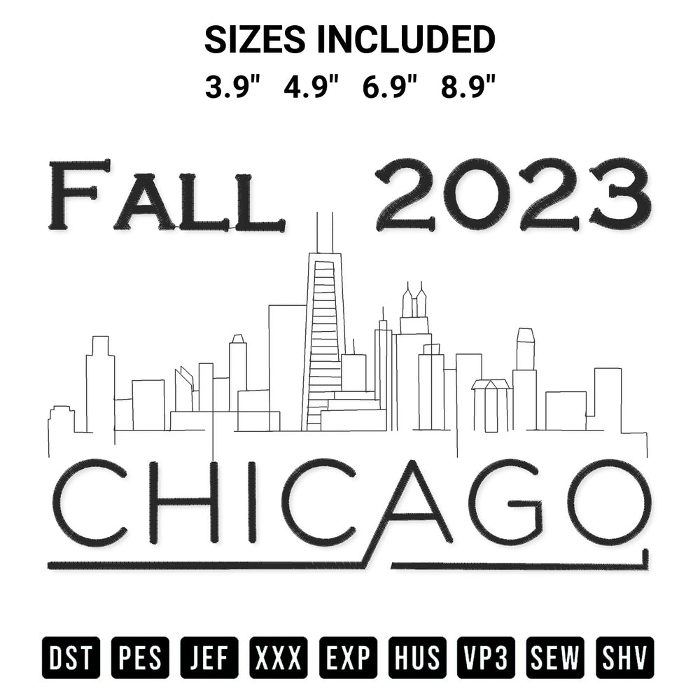 Shop the Fall 2023 Chicago Embroidery Design machine embroidery pattern at Designspacks.com. Beautifully digitized for flawless stitching on any fabric. Available sizes: 3.9", 4.9", 6.9", 8.9".