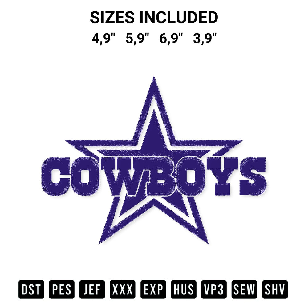 Add a unique touch to your apparel with the Cowboys Star Logo Embroidery Design embroidery file. Premium instant download available now on Designspacks.com. Available sizes: 4,9", 5,9", 6,9", 3,9".