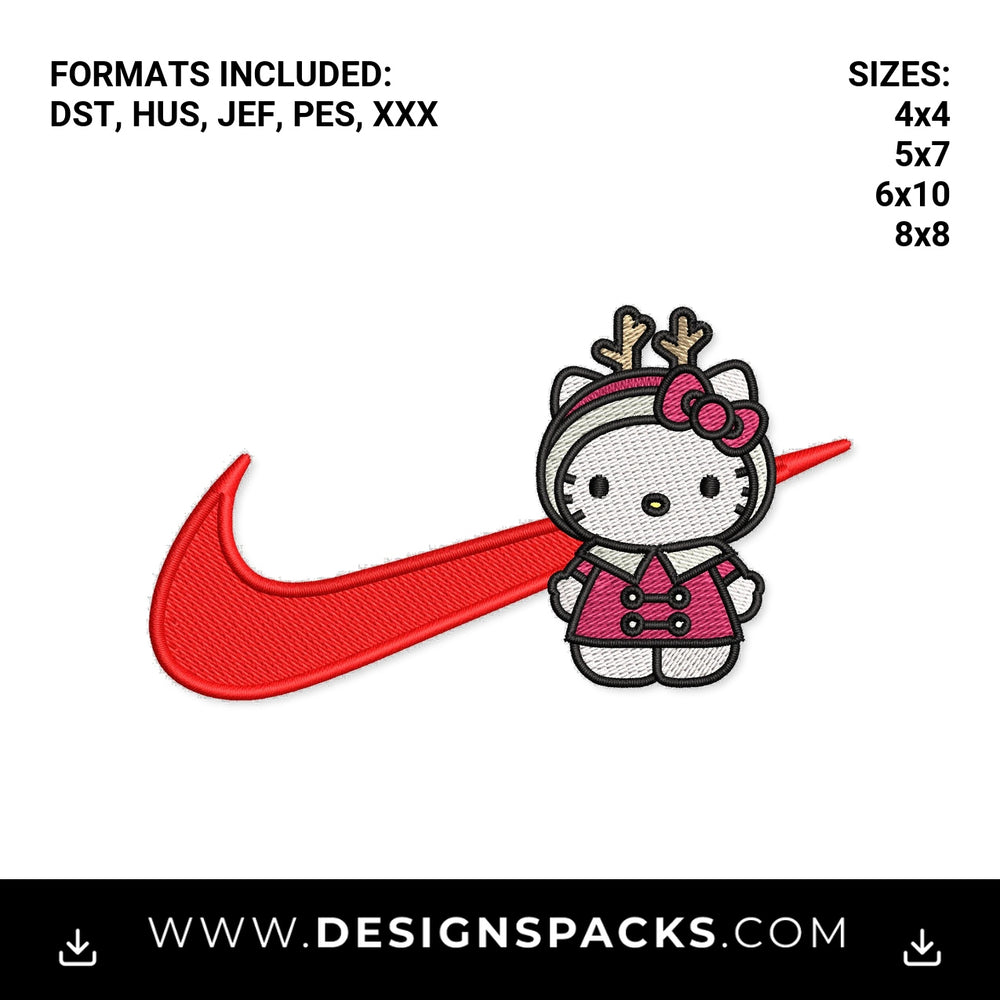 Christmas Reindeer Kitty Red Swoosh Embroidery Design - Instant digital download pattern at Designspacks.com