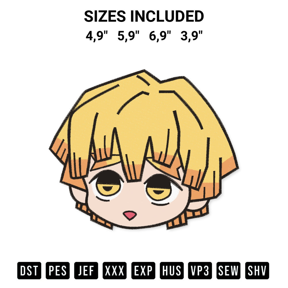 Stitch like a pro with the Agatsuma Zenitsu Face Cute Chibi Anime Logo Embroidery Design embroidery pattern from Designspacks.com. High-quality digital machine embroidery file. Available sizes: 4,9", 5,9", 6,9", 3,9".