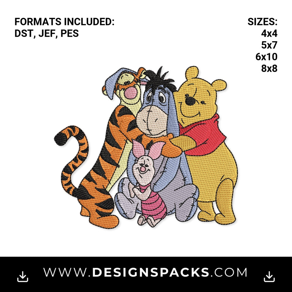 Winnie the Pooh and Friends Group Hug Embroidery Design - Instant digital download pattern at Designspacks.com