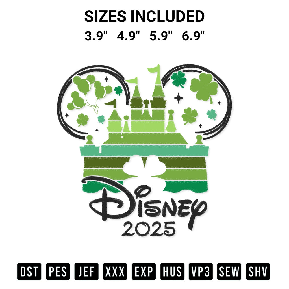 Stitch like a pro with the Disney 2025 Castle St Patricks Day Embroidery Design embroidery pattern from Designspacks.com. High-quality digital machine embroidery file. Available sizes: 3.9", 4.9", 5.9", 6.9".