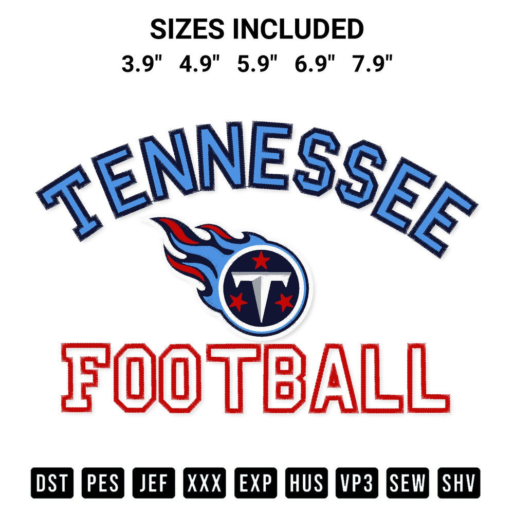 Shop the Tennessee Titans Football Embroidery Design machine embroidery pattern at Designspacks.com. Beautifully digitized for flawless stitching on any fabric. Available sizes: 3.9", 4.9", 5.9", 6.9", 7.9".