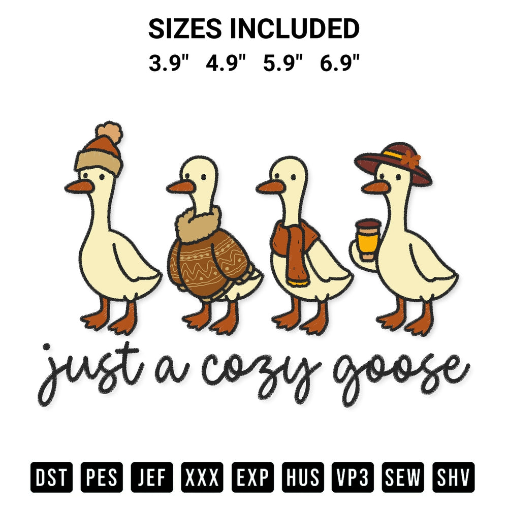 Download the Just A Cozy Goose Embroidery Design machine embroidery design exclusively at Designspacks.com. Premium digitized pattern for apparel and DIY crafts. Available sizes: 3.9", 4.9", 5.9", 6.9".