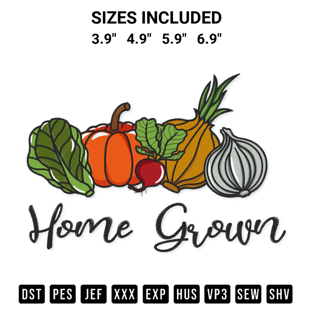Stitch like a pro with the Home Grown Embroidery Design embroidery pattern from Designspacks.com. High-quality digital machine embroidery file. Available sizes: 3.9", 4.9", 5.9", 6.9".