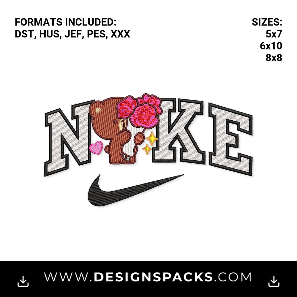 Nike Swoosh Teddy Bear Rose Bouquet Embroidery Design - Instant digital download pattern at Designspacks.com