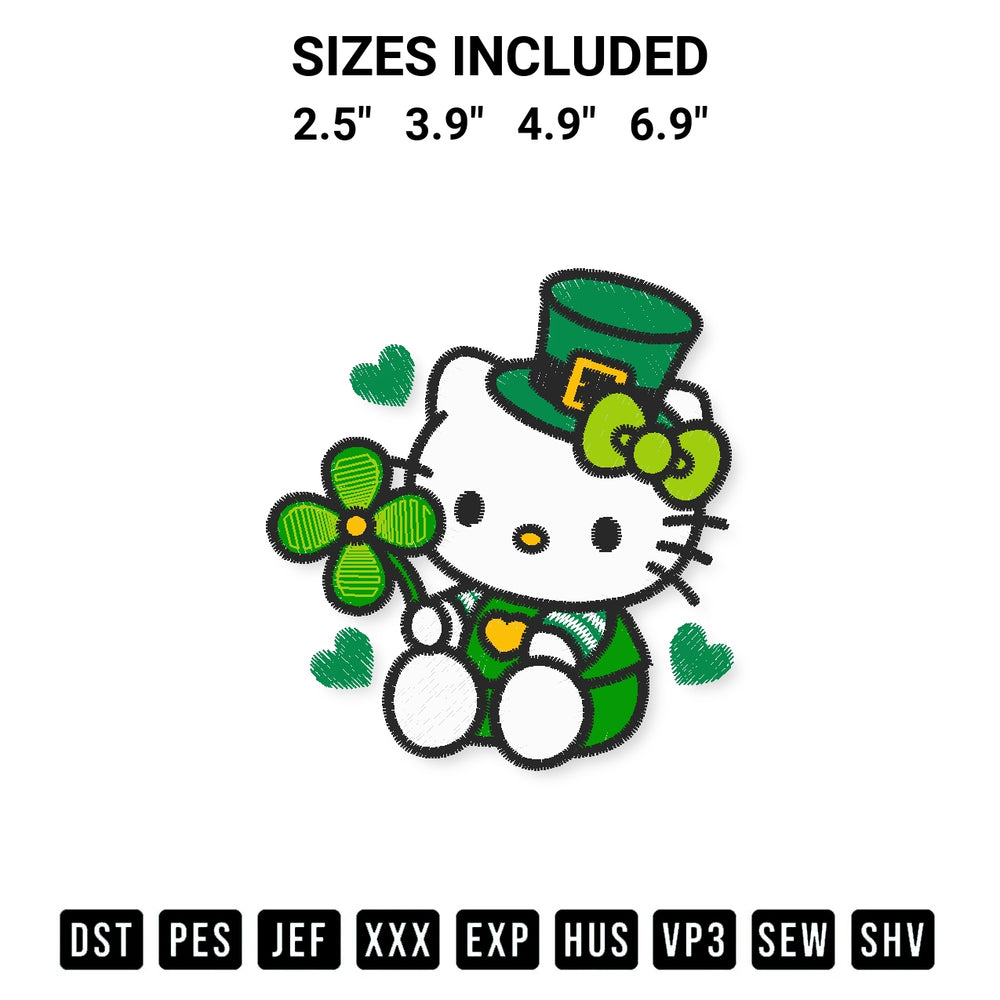 Stitch like a pro with the Hello Kitty With Leprechaun Hat Embroidery Design embroidery pattern from Designspacks.com. High-quality digital machine embroidery file. Available sizes: 2.5", 3.9", 4.9", 6.9".